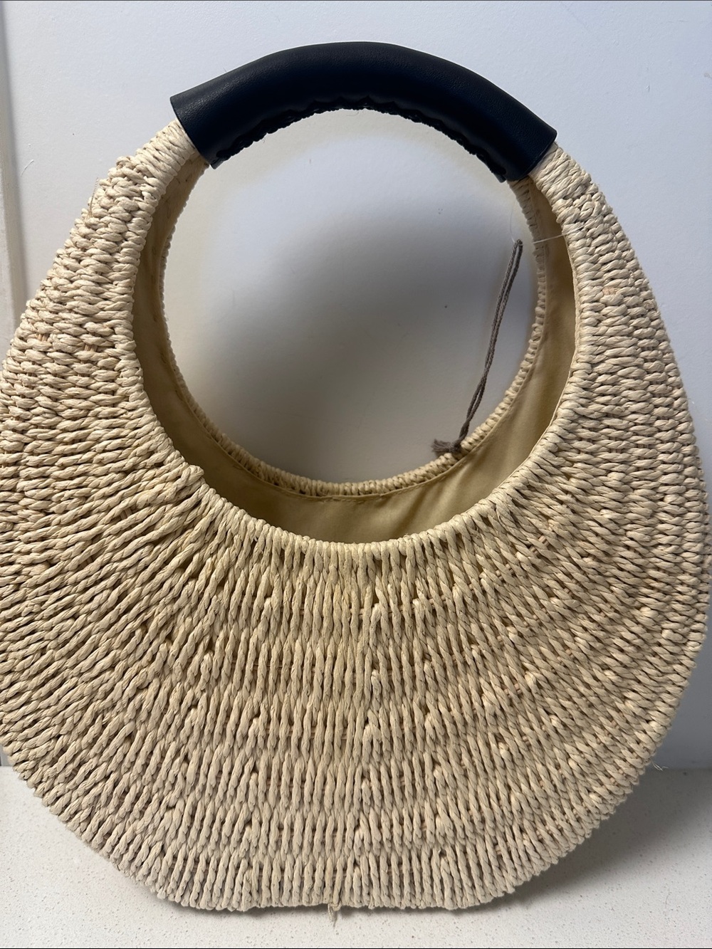 a new day Natural Straw Crescent Shoulder Bag with Black Handle